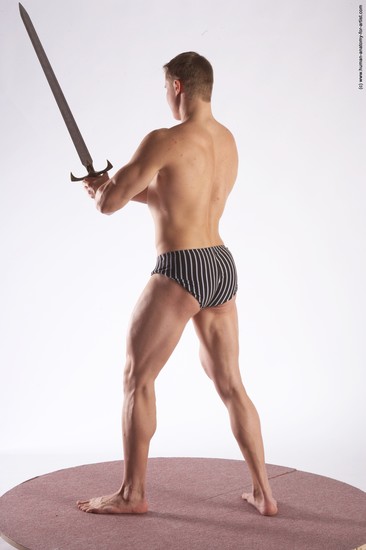 Underwear Fighting with sword Man White Standing poses - ALL Muscular Short Brown Standing poses - simple Academic