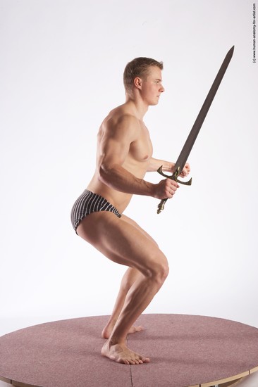 Underwear Fighting with sword Man White Standing poses - ALL Muscular Short Brown Standing poses - simple Academic