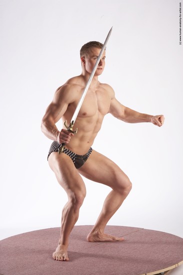 Underwear Fighting with sword Man White Standing poses - ALL Muscular Short Brown Standing poses - simple Academic