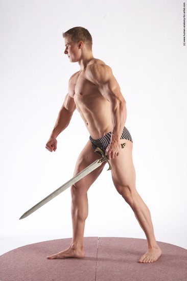 Underwear Fighting with sword Man White Standing poses - ALL Muscular Short Brown Standing poses - simple Academic