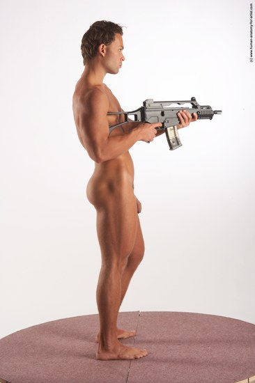 Nude Fighting with submachine gun Man White Standing poses - ALL Athletic Short Brown Standing poses - simple Realistic