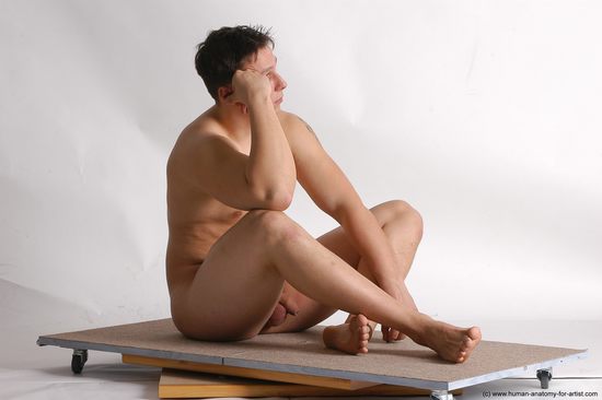 Nude Man White Sitting poses - simple Average Short Brown Sitting poses - ALL Realistic