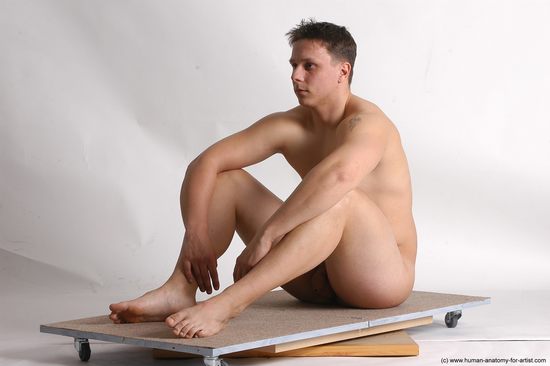 Nude Man White Sitting poses - simple Average Short Brown Sitting poses - ALL Realistic