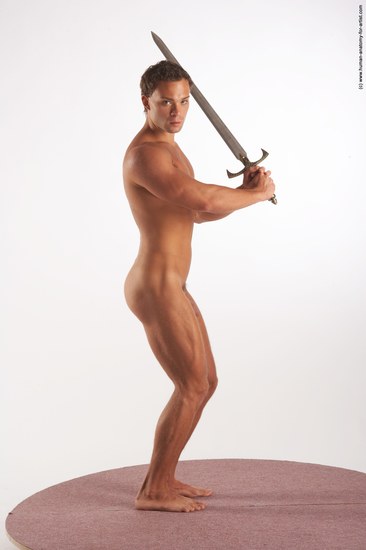 Nude Fighting with sword Man White Standing poses - ALL Athletic Short Brown Standing poses - simple Realistic