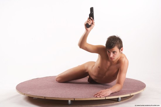 Nude Fighting with gun Man White Laying poses - ALL Slim Short Brown Laying poses - on stomach Realistic