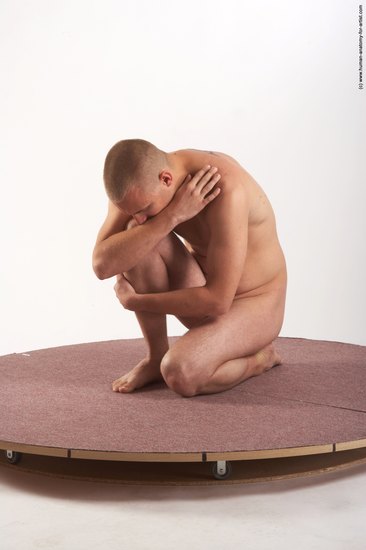 Nude Man White Kneeling poses - ALL Average Bald Kneeling poses - on one knee Realistic