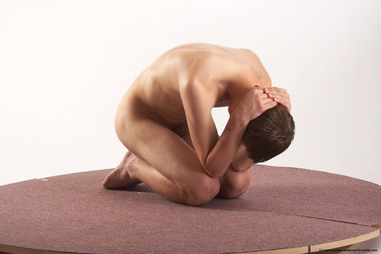 Nude Man White Kneeling poses - ALL Slim Short Brown Kneeling poses - on both knees Realistic