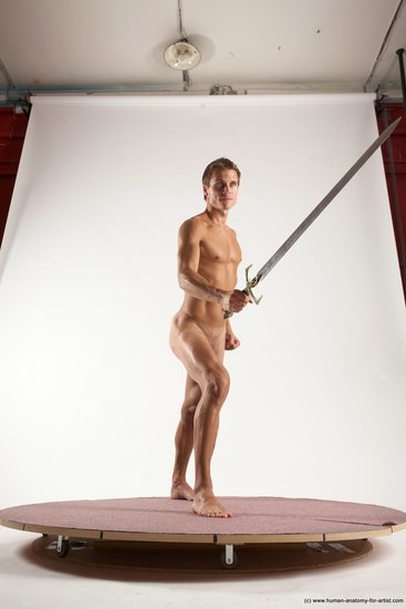 Nude Fighting with sword Man White Standing poses - ALL Athletic Short Brown Standing poses - simple Multi angles poses Realistic