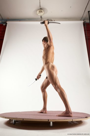 Nude Fighting with sword Man White Standing poses - ALL Athletic Short Brown Standing poses - simple Multi angles poses Realistic