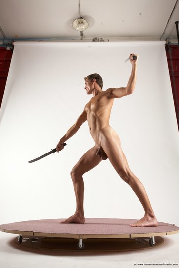 Nude Fighting with sword Man White Standing poses - ALL Athletic Short Brown Standing poses - simple Multi angles poses Realistic