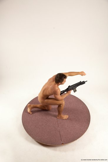 Nude Fighting with submachine gun Man White Kneeling poses - ALL Athletic Short Brown Kneeling poses - on one knee Multi angles poses Realistic