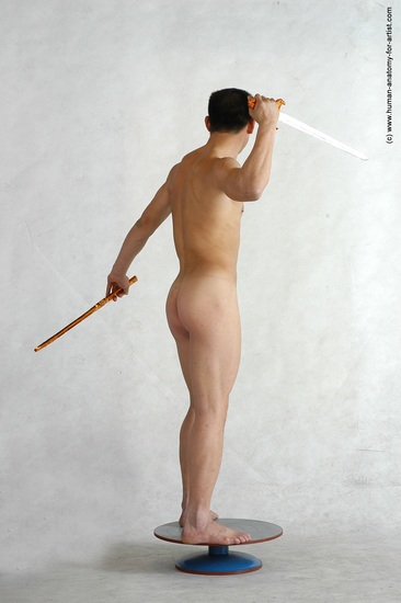 Nude Fighting with sword Man Asian Standing poses - ALL Slim Short Black Standing poses - simple Realistic