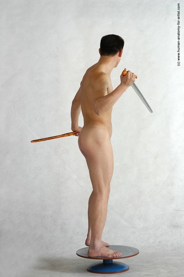 Nude Fighting with sword Man Asian Standing poses - ALL Slim Short Black Standing poses - simple Realistic