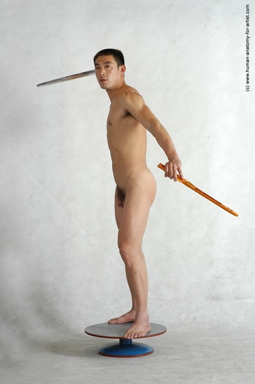 Nude Fighting with sword Man Asian Standing poses - ALL Slim Short Black Standing poses - simple Realistic