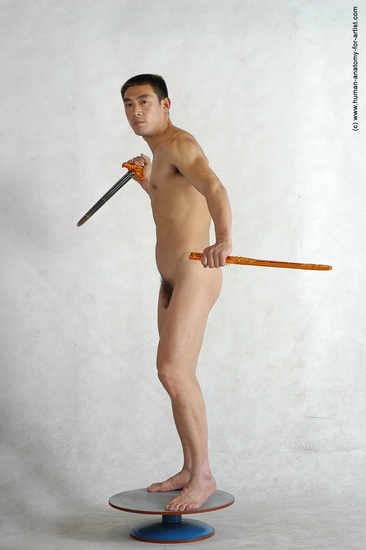 Nude Fighting with sword Man Asian Standing poses - ALL Slim Short Black Standing poses - simple Realistic