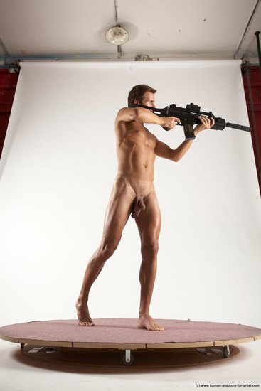 Nude Fighting with submachine gun Man White Standing poses - ALL Athletic Short Brown Standing poses - simple Multi angles poses Realistic