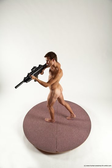 Nude Fighting with submachine gun Man White Standing poses - ALL Athletic Short Brown Standing poses - simple Multi angles poses Realistic