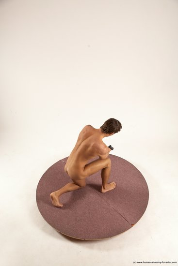 Nude Fighting with gun Man White Kneeling poses - ALL Athletic Short Brown Multi angles poses Realistic