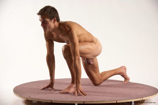 Nude Man White Kneeling poses - ALL Athletic Short Brown Kneeling poses - on one knee Multi angles poses Realistic