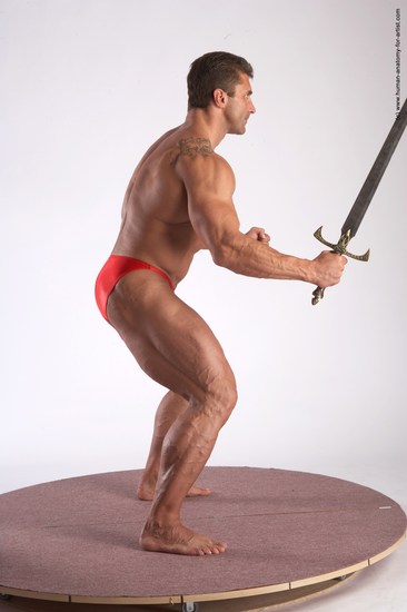 Swimsuit Fighting with sword Man White Standing poses - ALL Muscular Short Brown Standing poses - simple Academic