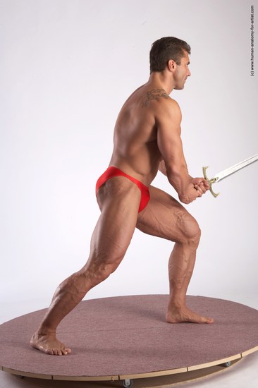 Swimsuit Fighting with sword Man White Standing poses - ALL Muscular Short Brown Standing poses - simple Academic