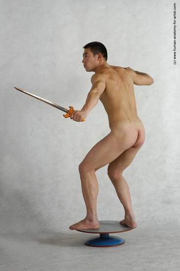 Nude Fighting with sword Man Asian Standing poses - ALL Slim Short Black Standing poses - simple Realistic