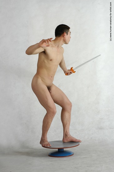 Nude Fighting with sword Man Asian Standing poses - ALL Slim Short Black Standing poses - simple Realistic