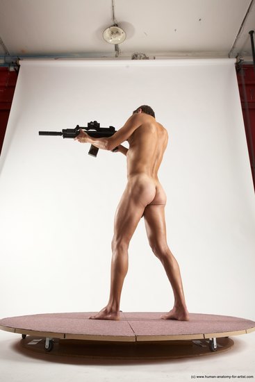 Nude Fighting with submachine gun Man White Standing poses - ALL Athletic Short Brown Standing poses - simple Multi angles poses Realistic