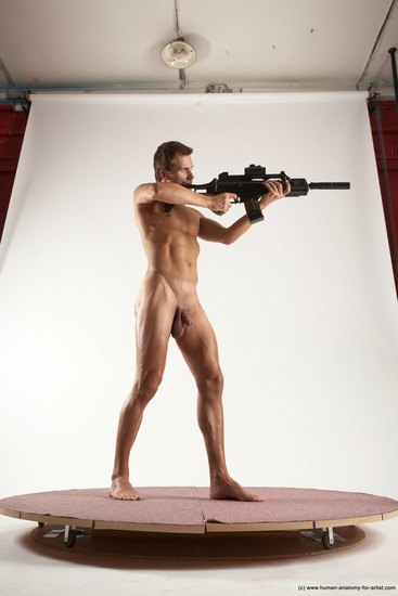 Nude Fighting with submachine gun Man White Standing poses - ALL Athletic Short Brown Standing poses - simple Multi angles poses Realistic