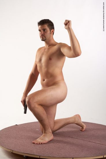 Nude Fighting with gun Man White Kneeling poses - ALL Average Short Brown Kneeling poses - on both knees Realistic