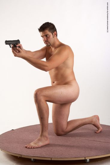 Nude Fighting with gun Man White Kneeling poses - ALL Average Short Brown Kneeling poses - on both knees Realistic