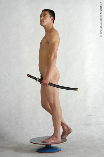 Nude Fighting with sword Man Asian Standing poses - ALL Slim Short Black Standing poses - simple Realistic