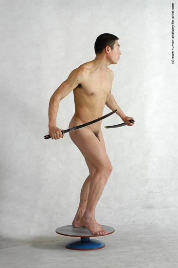 Nude Fighting with sword Man Asian Standing poses - ALL Slim Short Black Standing poses - simple Realistic