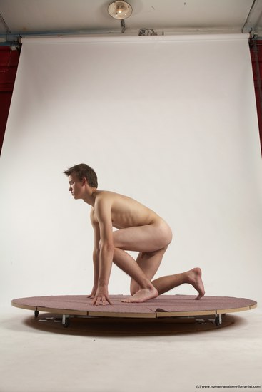 Nude Man White Kneeling poses - ALL Slim Short Brown Kneeling poses - on one knee Multi angles poses Realistic