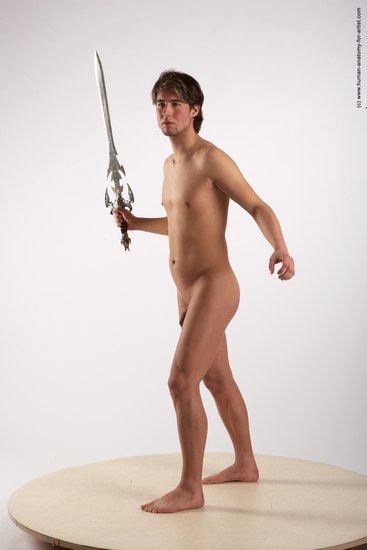 Nude Fighting with sword Man White Standing poses - ALL Slim Short Brown Standing poses - simple Realistic