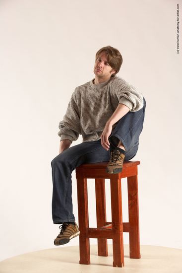 Casual Man White Sitting poses - simple Slim Short Brown Sitting poses - ALL Multi angles poses Academic