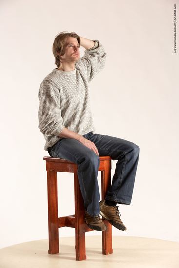 Casual Man White Sitting poses - simple Slim Short Brown Sitting poses - ALL Multi angles poses Academic