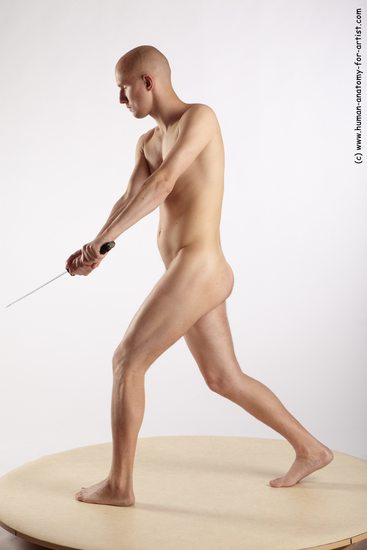 Nude Fighting with sword Man White Standing poses - ALL Slim Bald Standing poses - simple Realistic