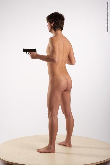 Nude Fighting with gun Man White Standing poses - ALL Slim Short Brown Standing poses - simple Realistic