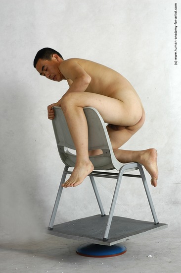 Nude Man Asian Kneeling poses - ALL Slim Short Kneeling poses - on one knee Black Realistic