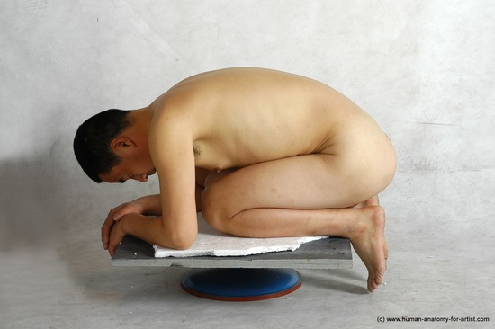 Nude Man Asian Kneeling poses - ALL Slim Short Black Realistic