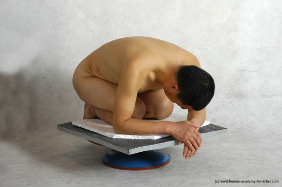 Nude Man Asian Kneeling poses - ALL Slim Short Kneeling poses - on both knees Black Realistic