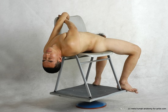 Nude Man Asian Laying poses - ALL Slim Short Laying poses - on back Black Realistic