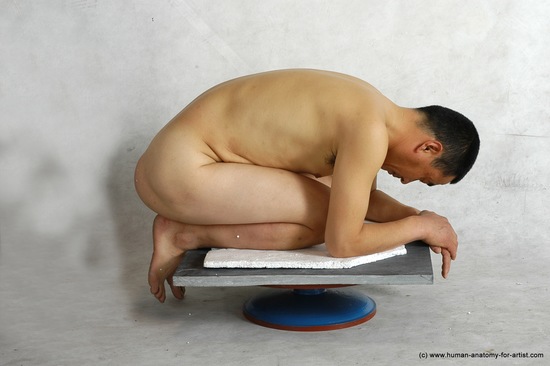 Nude Man Asian Kneeling poses - ALL Slim Short Black Realistic