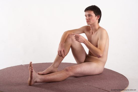 Nude Man White Sitting poses - simple Slim Short Brown Sitting poses - ALL Realistic