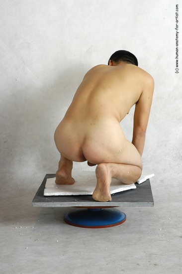 Nude Man Asian Kneeling poses - ALL Slim Short Black Realistic