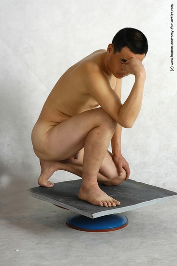 Nude Man Asian Kneeling poses - ALL Slim Short Black Realistic