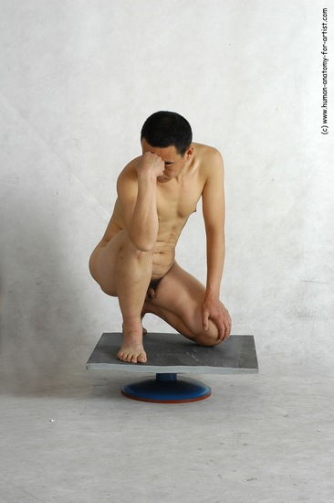 Nude Man Asian Kneeling poses - ALL Slim Short Black Realistic