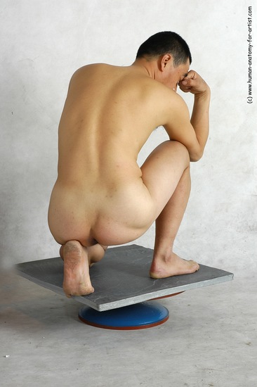 Nude Man Asian Kneeling poses - ALL Slim Short Black Realistic