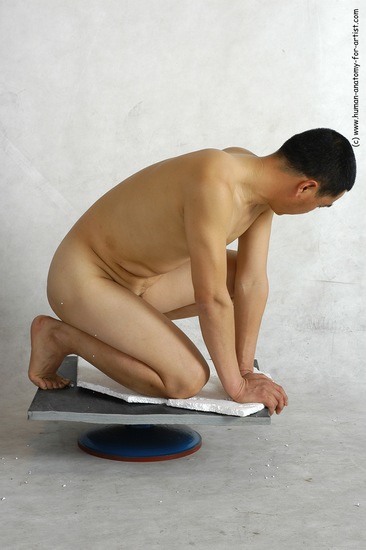 Nude Man Asian Kneeling poses - ALL Slim Short Black Realistic